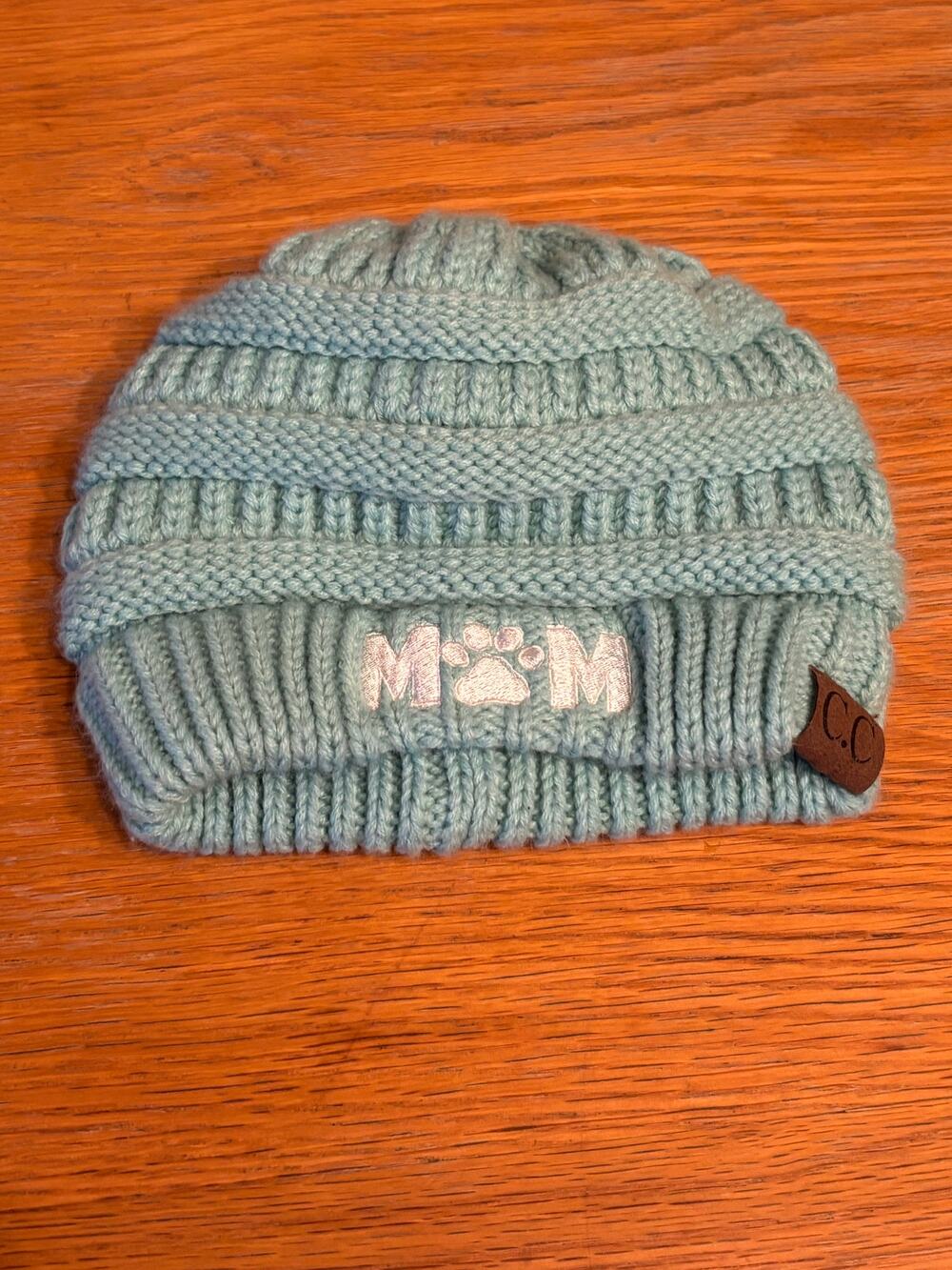 C.C Embroidered Dog Cat Pet Mom Mint Green Knitted Beanie